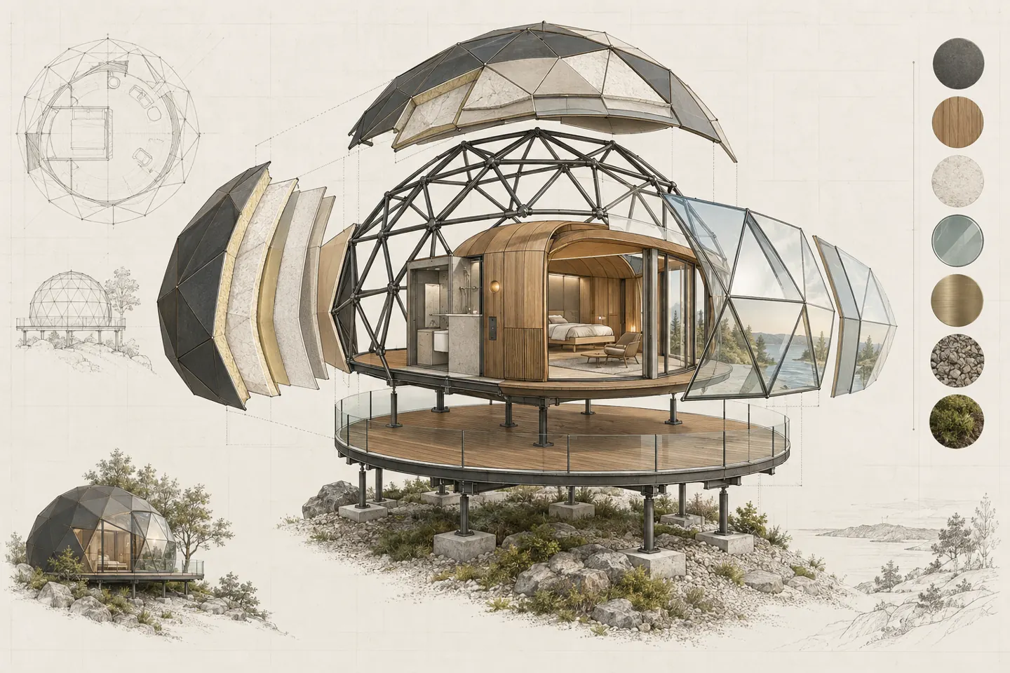 Koncepcinis sprogstamasis geodezinio svetingumo paviljono ir jo architektūrinių sluoksnių aksonometrinis tyrimas