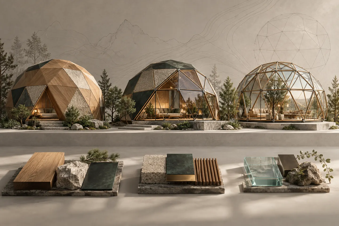 Konceptualios architektūrinės medžiagos tyrimas, lyginant nepermatomų, hibridinių ir stiklinių geodezinių paviljonų kryptis