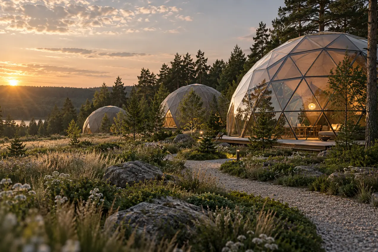 Geodezinių paviljonų koncepcija vizualizacija miško kurorto kraštovaizdyje